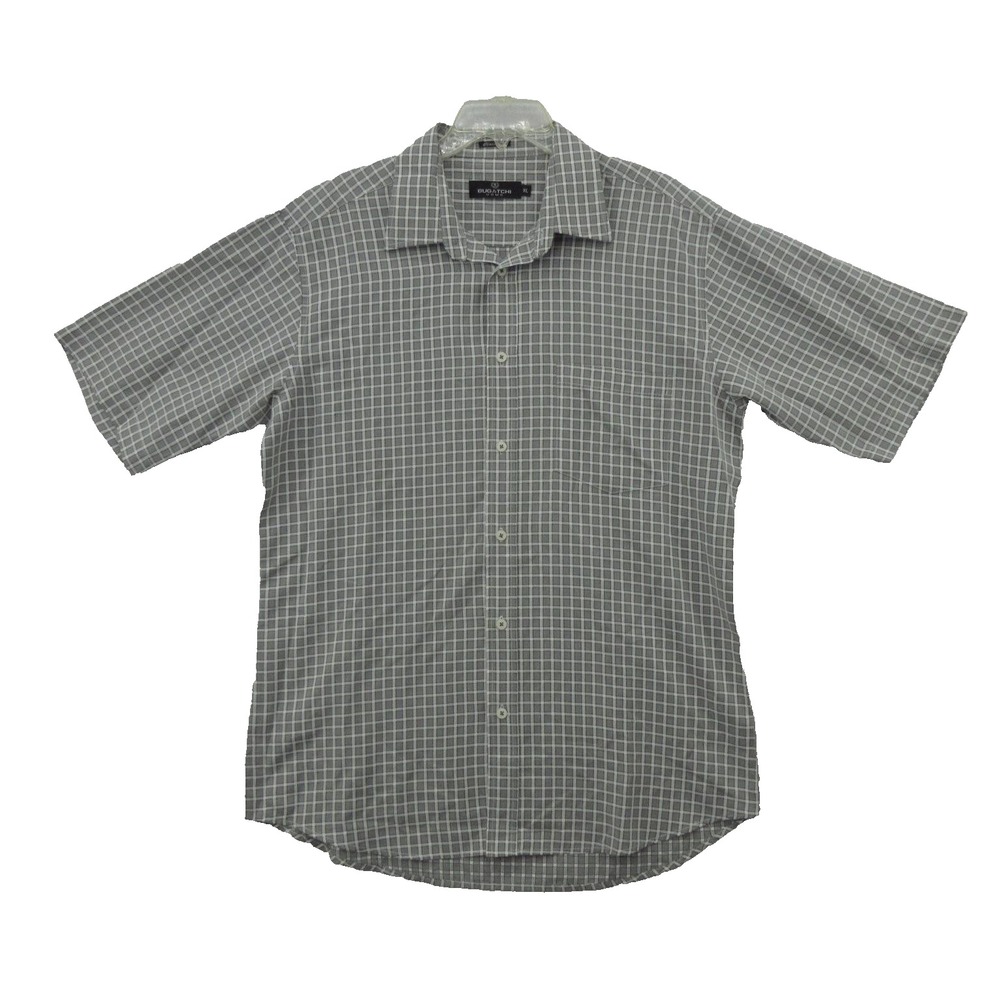 Bugatchi Shirt Mens XL Gray Check Classic Fit Modal Button Up Short Sleeve
